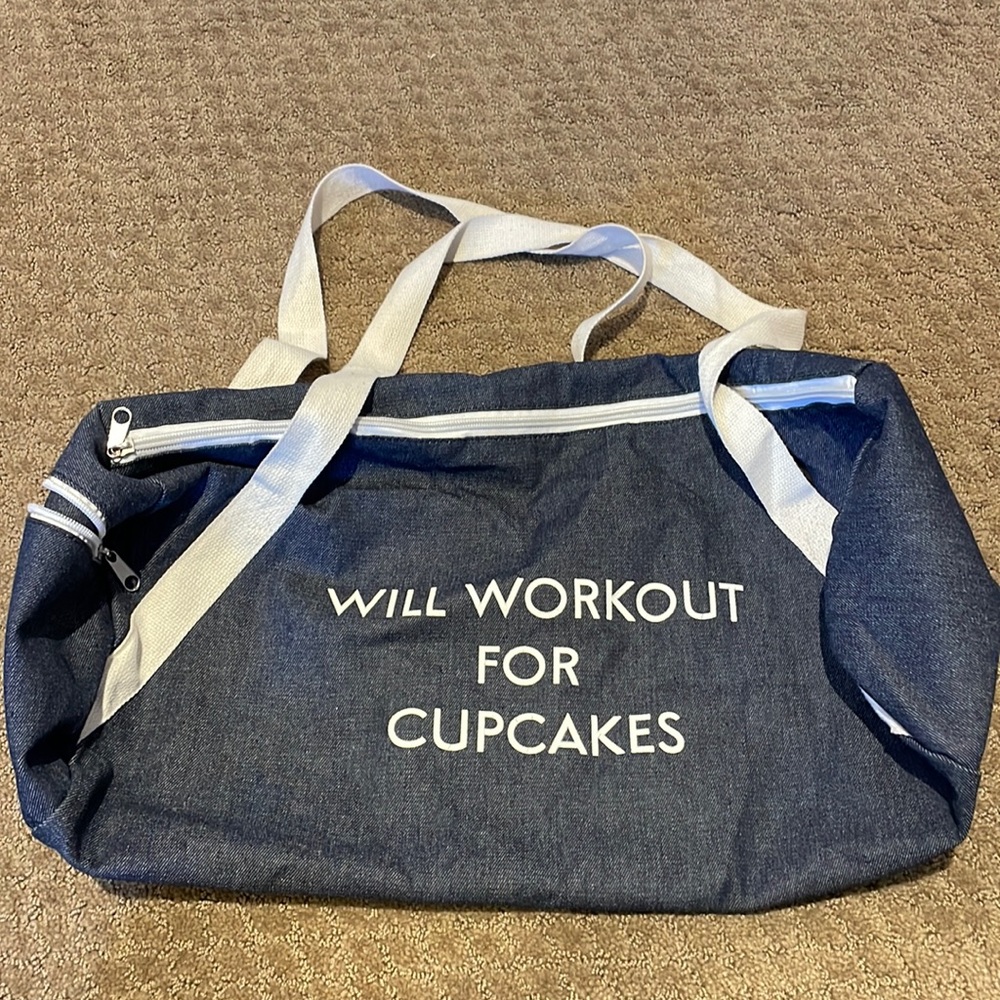 Small duffel bag, navy (jean) material with white accents!